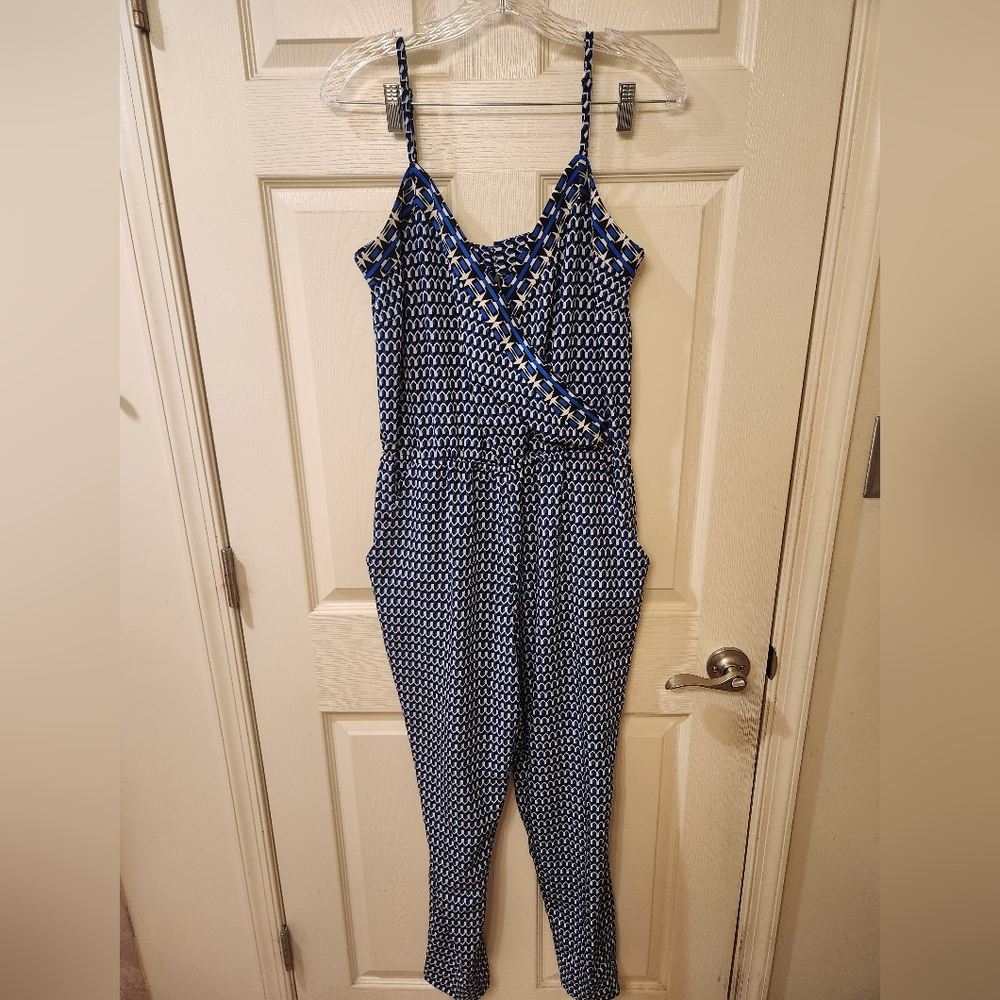 Blue and White Sleeveless Jumpsuit